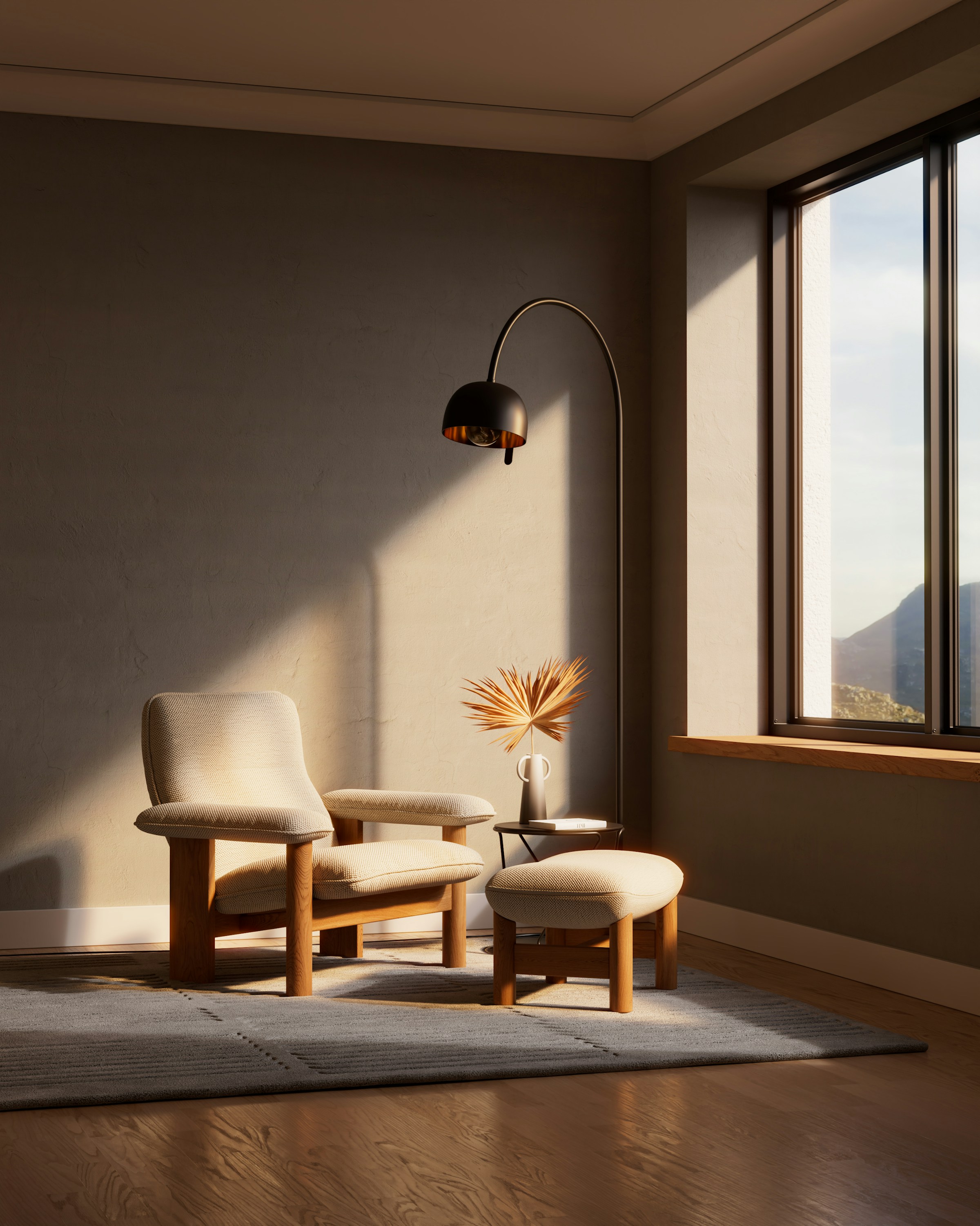 Considered interior corner: a chair, side table, lamp, and a plant