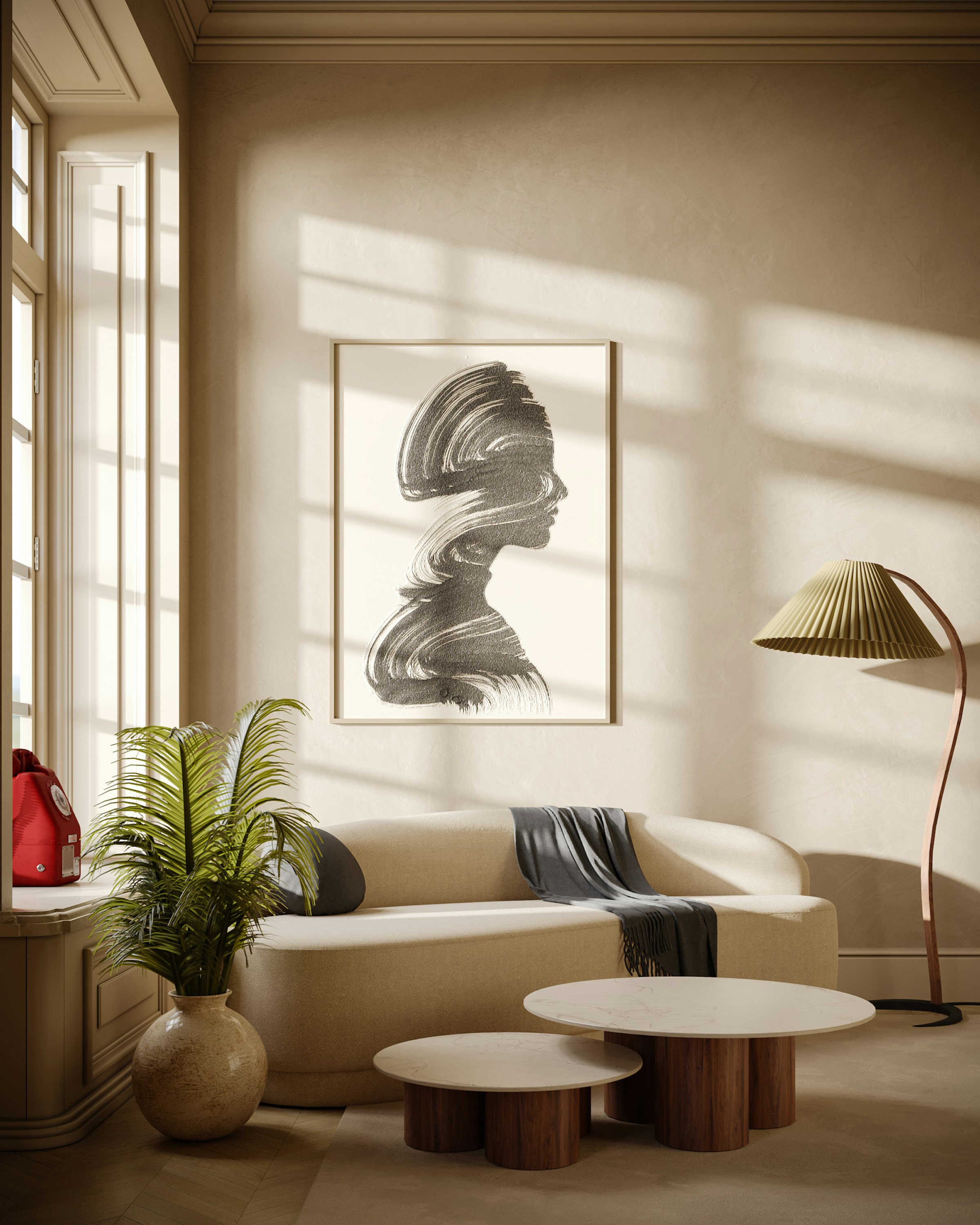 Close-up of furniture materials: wood grain, linen or bouclé upholstery, stone